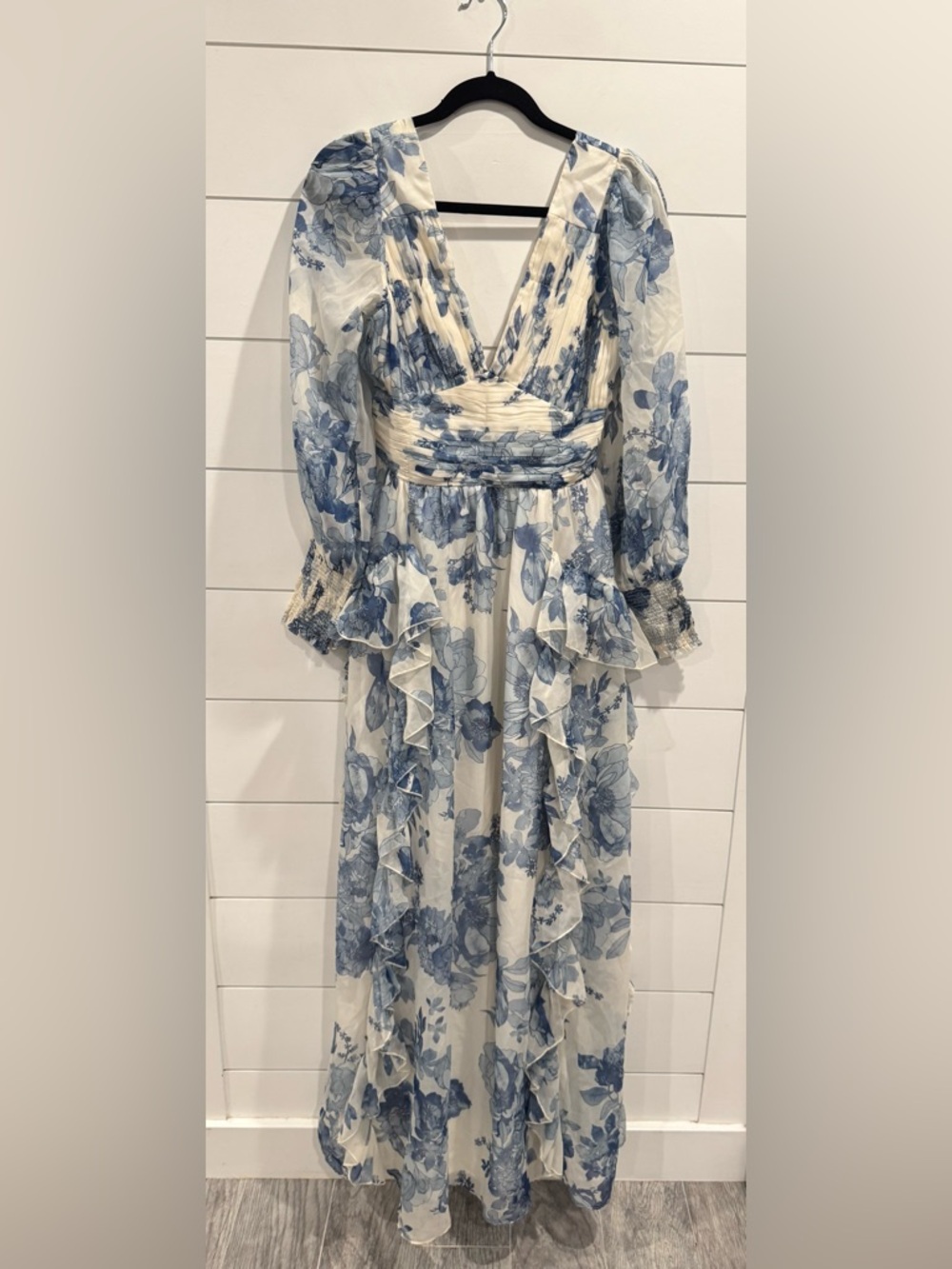 Bhldn white blue floral long sleeve chiffon maxi dress - Picture 5 of 9